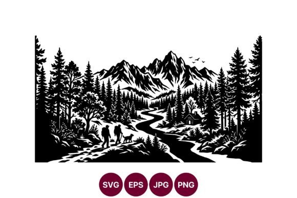 Black and White Hiking Landscape Vector