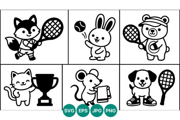 Cute Animals Playing Tennis Vector Art