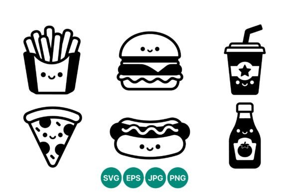 Cute Fast Food Icons with Happy Faces