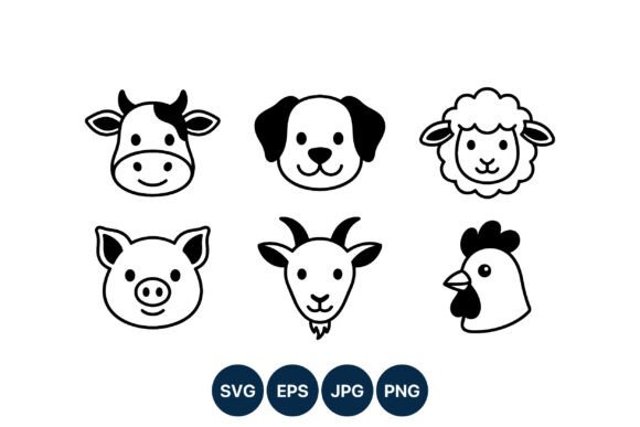 Farm Animal Heads Black White Vector