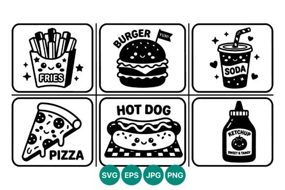 Kawaii Fast Food Icons Black White